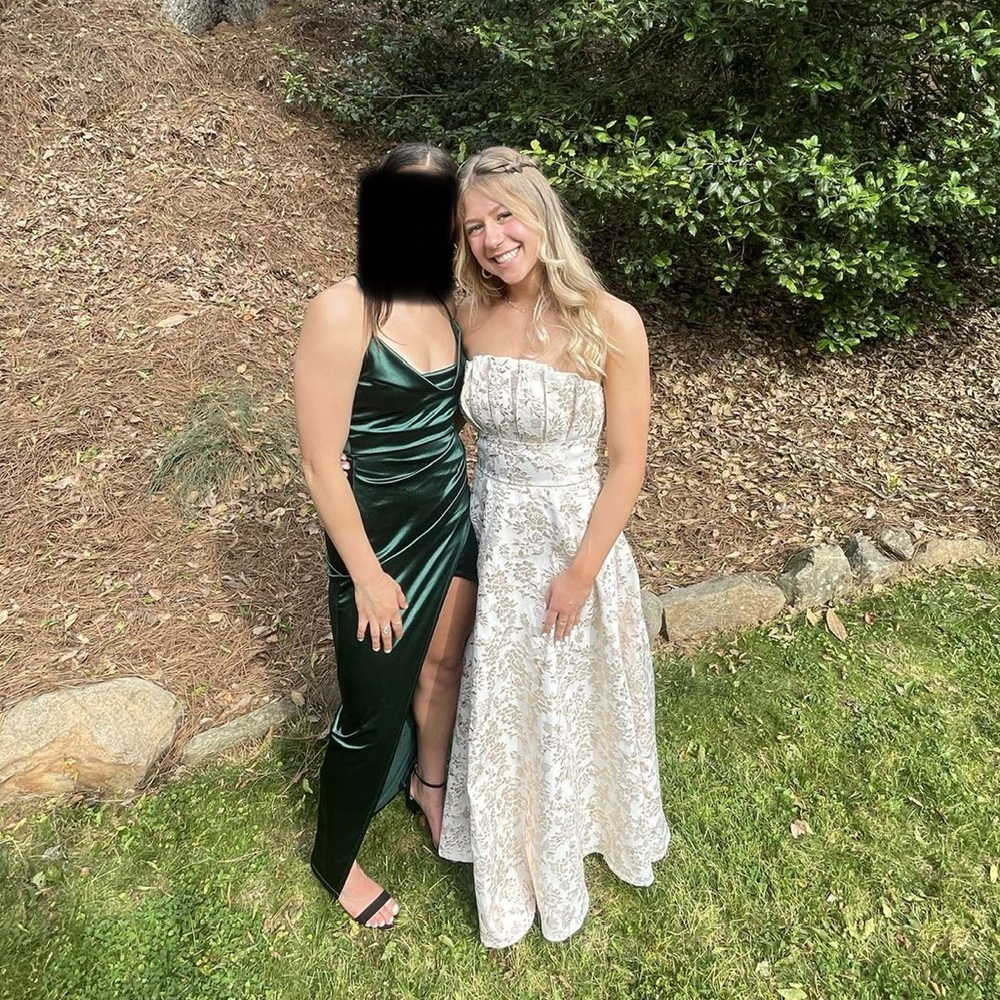 Cream and gold strapless prom dress